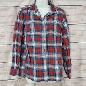 Duluth Trading flannel shirt plaid button up long sleeve orange blue cream S